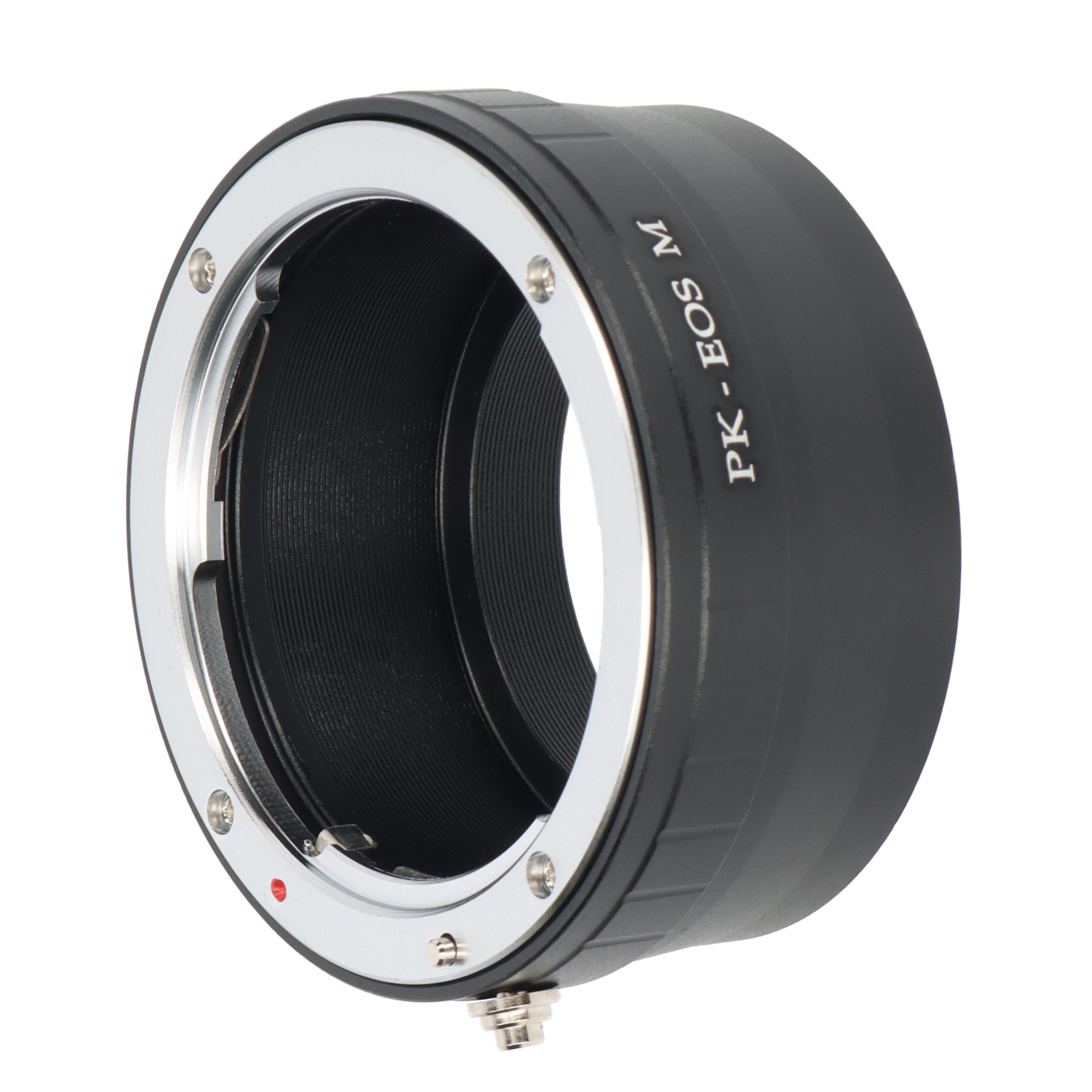 Schwarzer Objektivadapter mit silbernem Ring, weißer Hintergrund.
