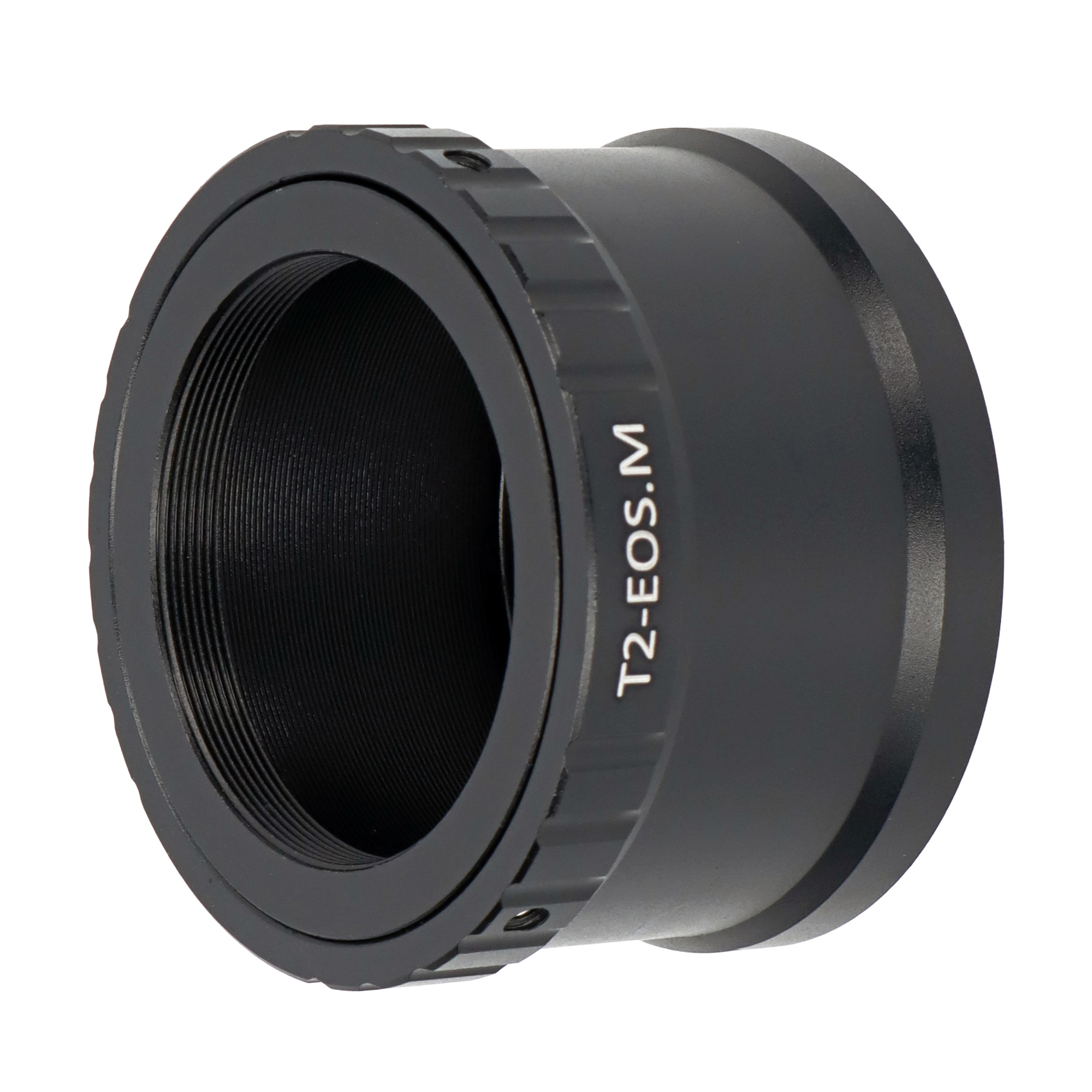 Schwarzer T2-EOS.M Adapterring für ein Kameraobjektiv mit Innengewinde.