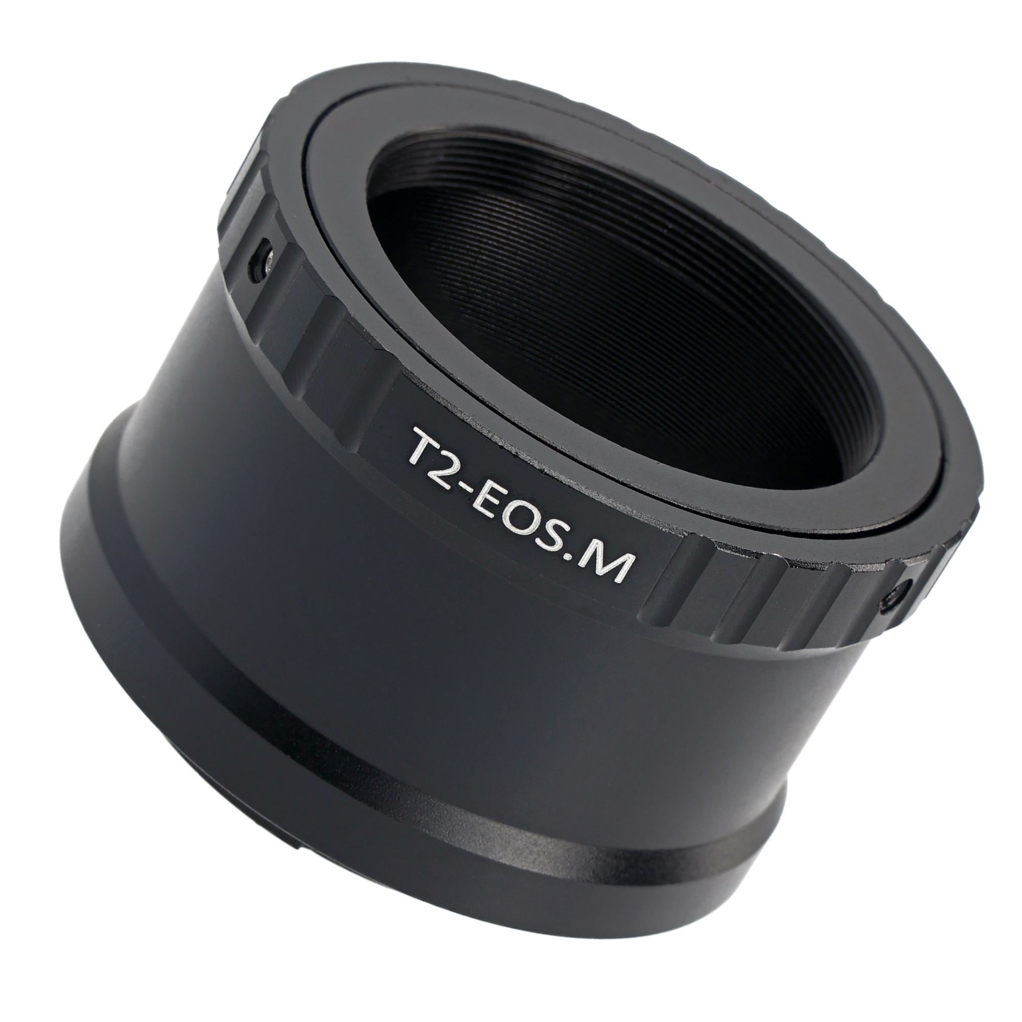 Schwarzer T2-EOS.M-Adapter, mit Gewinde und Markierungen. Isoliert auf weißem Hintergrund.
