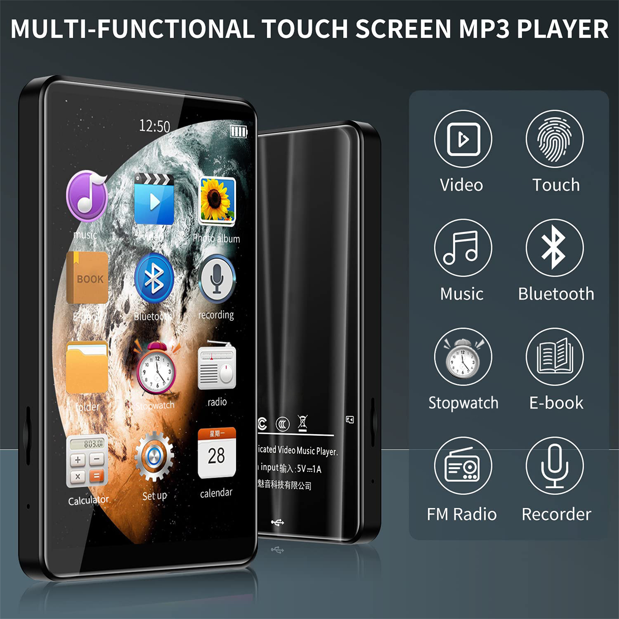 Ein schwarzer MP3-Player zeigt verschiedene App-Symbole. Zu den Funktionen gehören Video, Musik und Bluetooth.