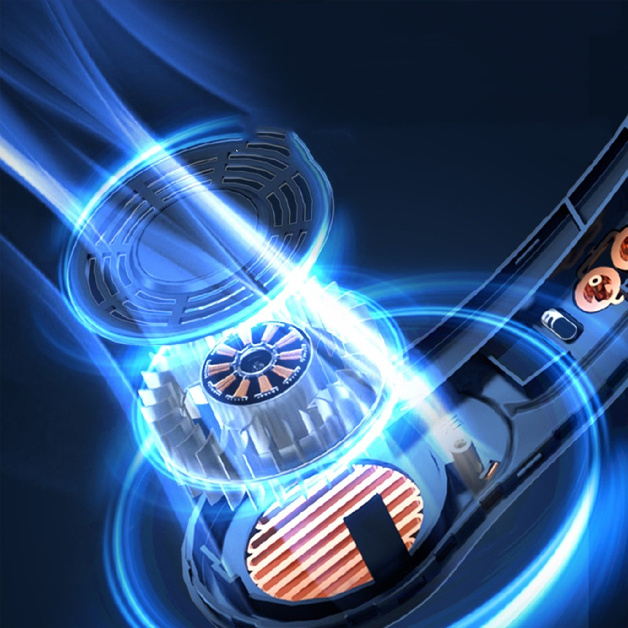 Nahaufnahme eines Haartools mit blauen Energieringen und sichtbaren Innereien.