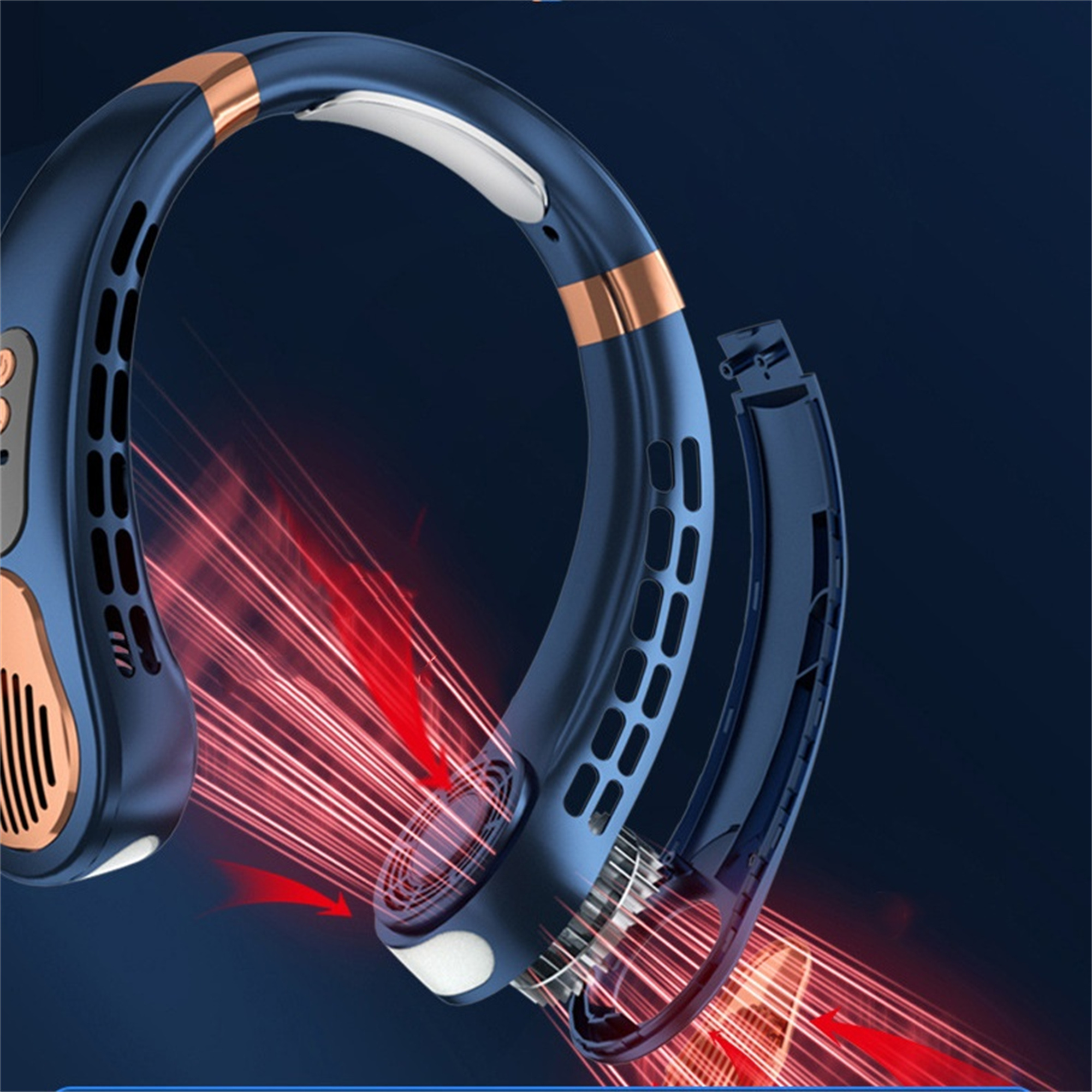 Blau-goldener Nackenventilator mit roten Luftstromlinien. Der Ventilator ist abgenommen.