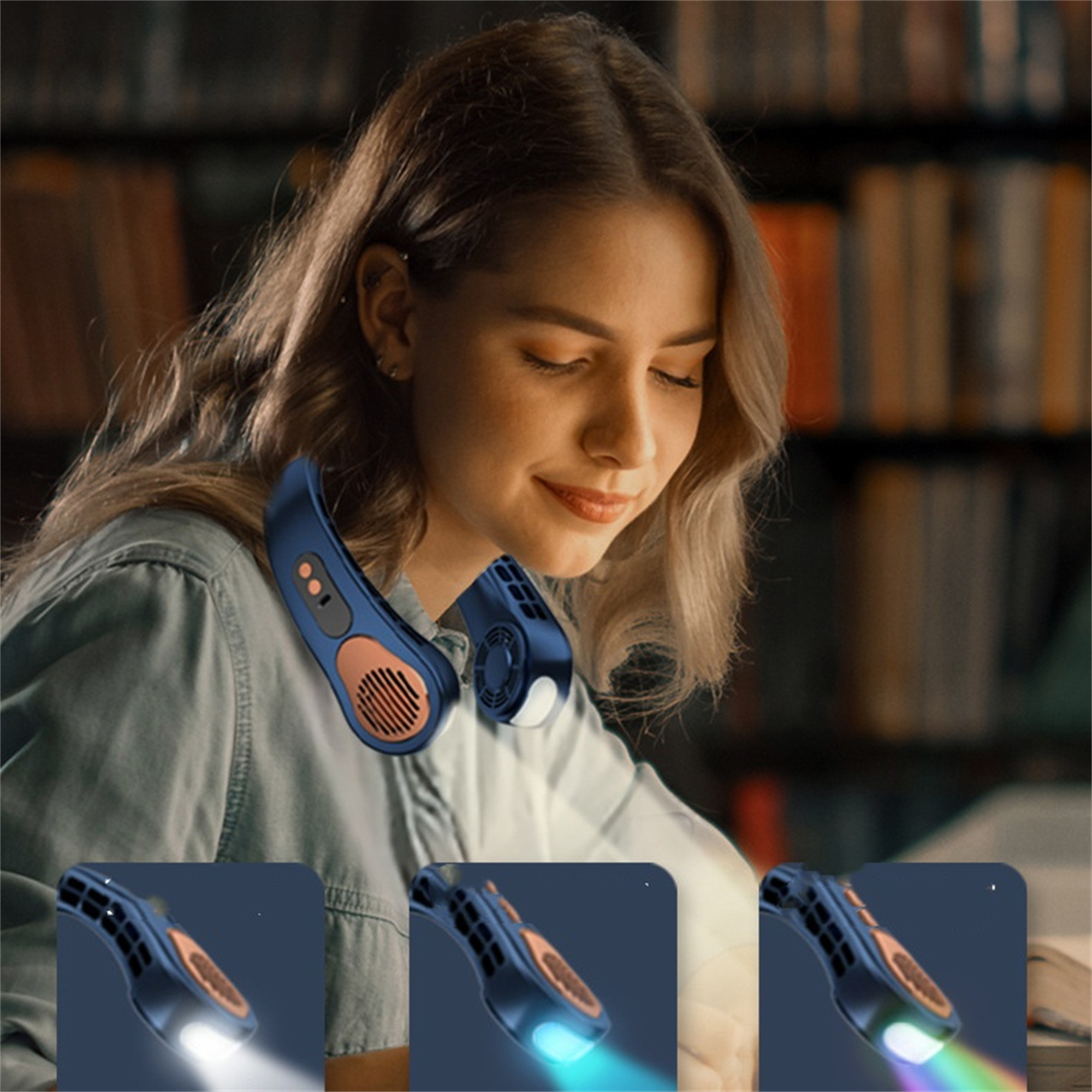 Frau mit Nackenventilator. Der Ventilator ist blau und hat einen Lautsprecher. Dunkler Hintergrund mit Büchern.