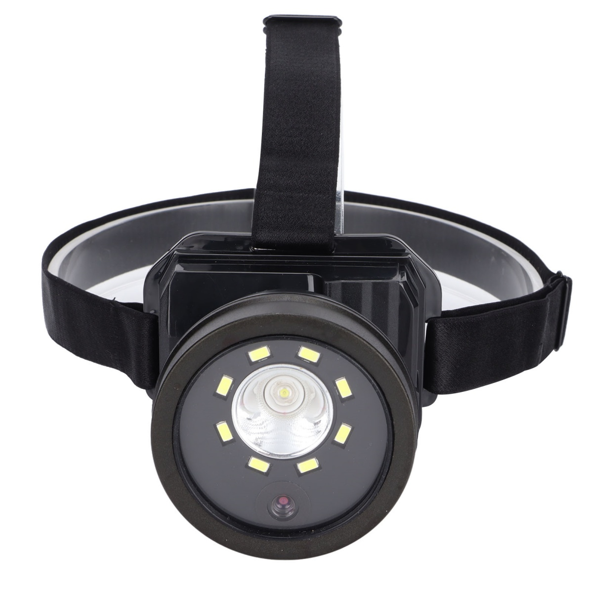 Schwarze Stirnlampe mit zentralem Licht, umgeben von kleineren Lichtern, mit Riemen.