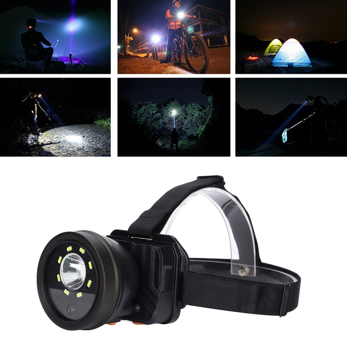 Eine schwarze Stirnlampe mit großem Objektiv und einem transparenten Riemen. Mehrere Szenen zeigen die Lampe in der Nacht.
