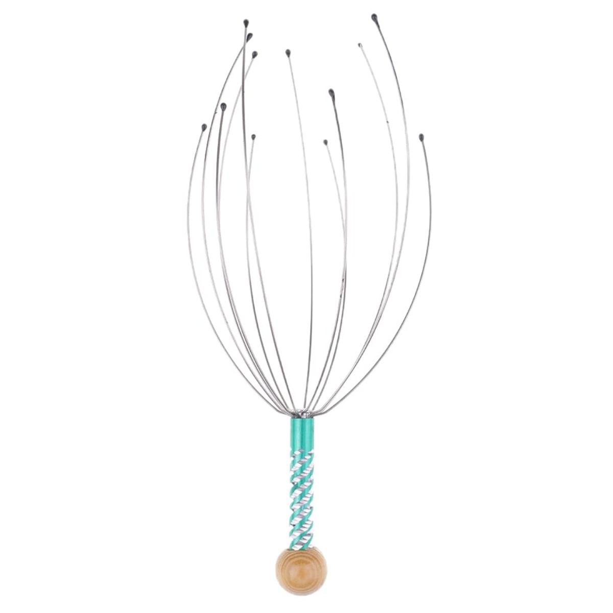 Ein silberner Kopfmassagegerät mit türkis und Holz Akzenten. Der Hintergrund ist weiß.