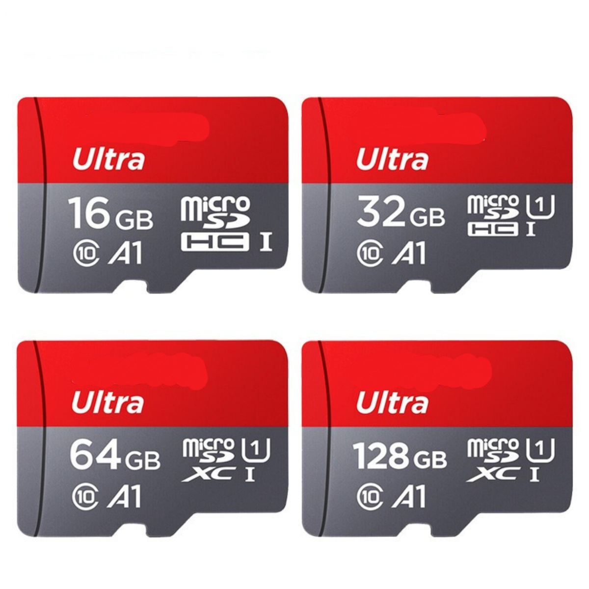 Vier Micro-SD-Karten mit rotem und grauem Design, die Speicherkapazitäten anzeigen: 16 GB, 32 GB, 64 GB und 128 GB.