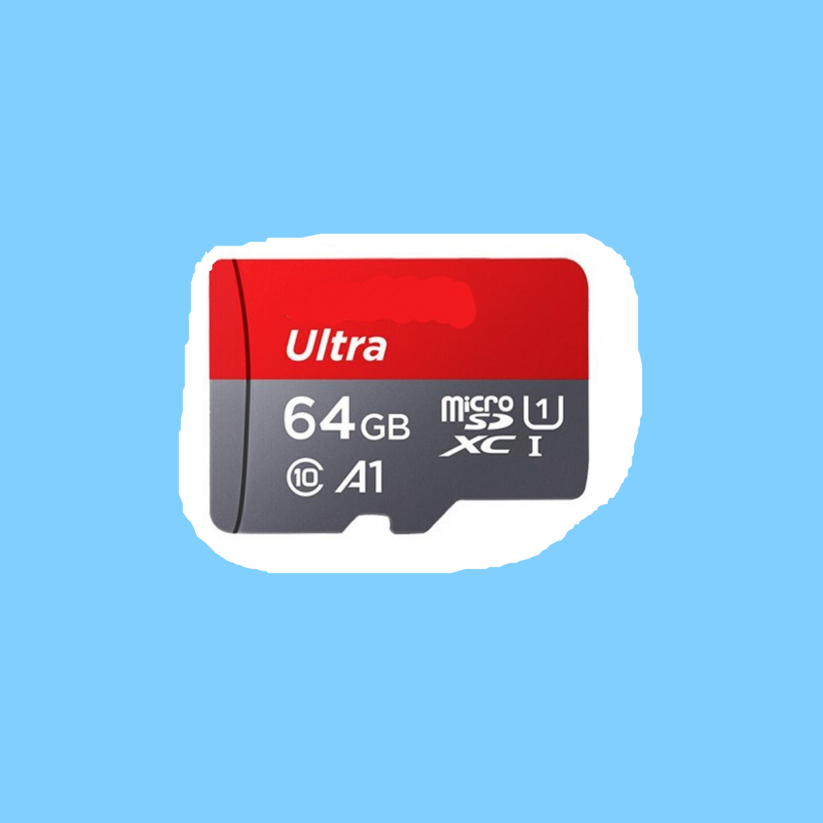 Rote und graue Micro-SD-Karte. Weißer Rand, blauer Hintergrund.