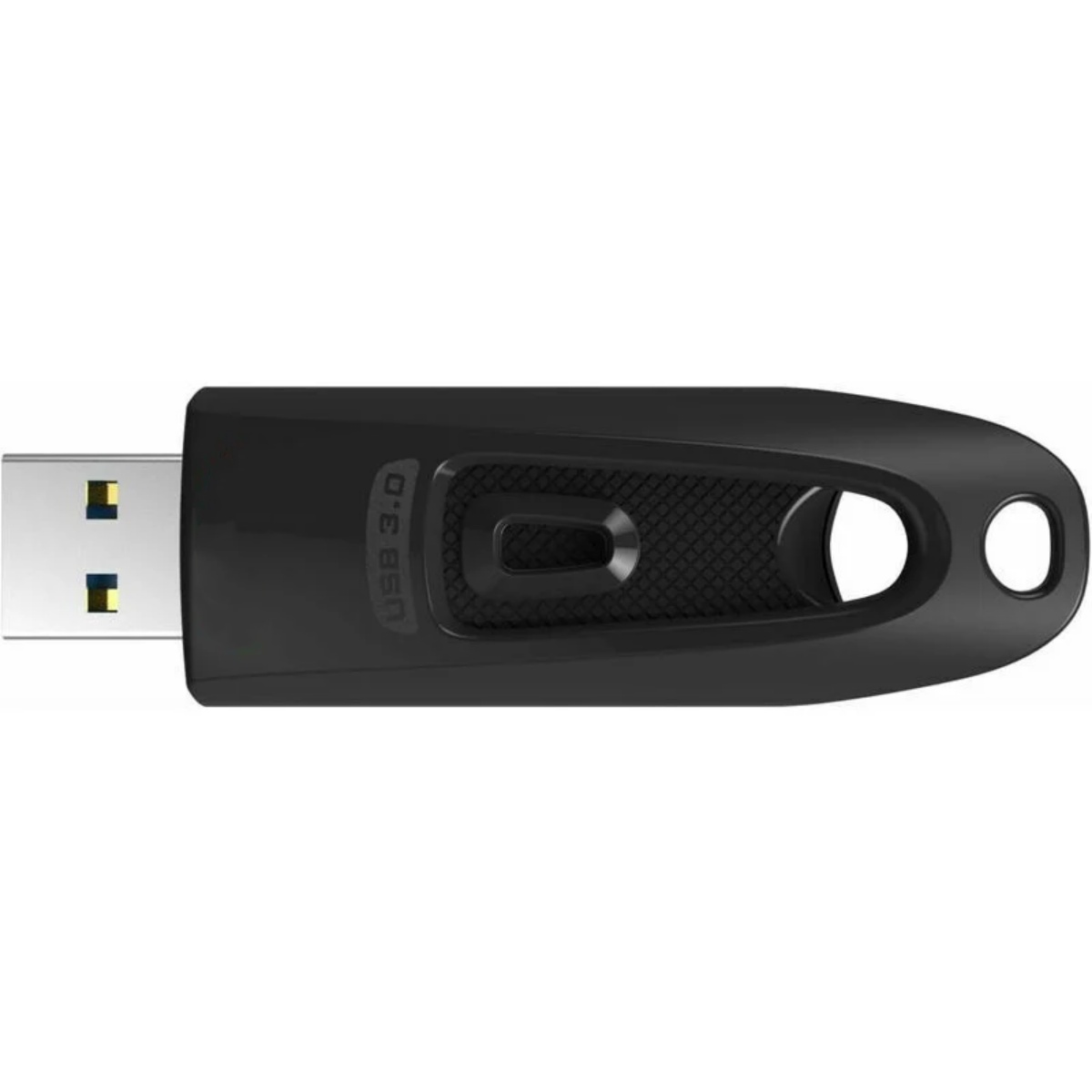Schwarzer USB 3.0-Speicherstick mit Loch für ein Schlüsselband.