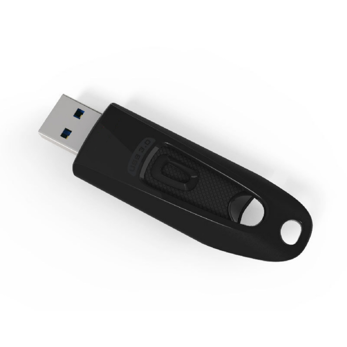 Schwarzer USB-Stick mit USB 3.0-Kennzeichnung auf weißem Hintergrund, leicht angewinkelt.