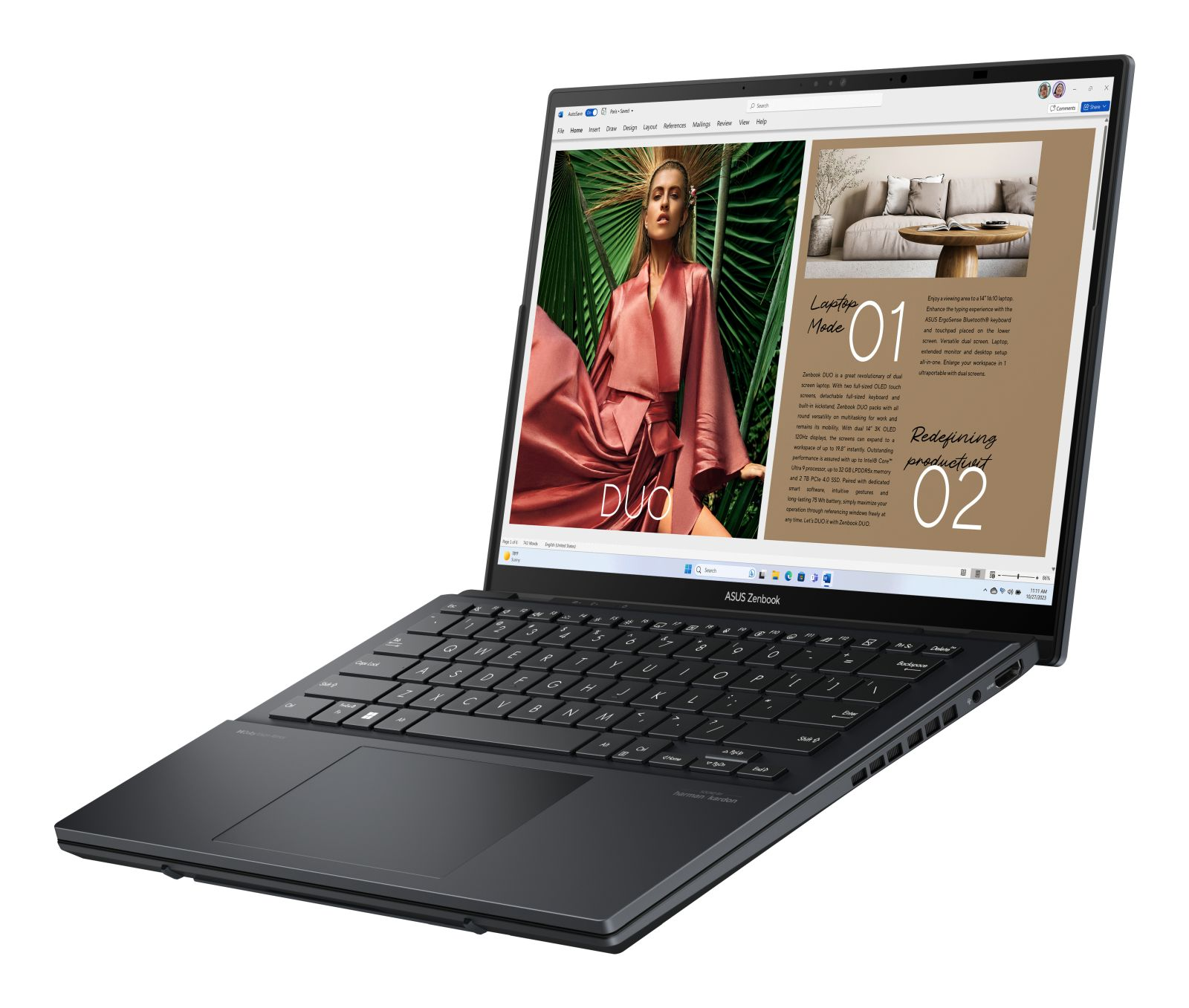 Ein Laptop, der auf einer weißen Oberfläche geöffnet ist. Der Bildschirm zeigt eine Website mit einer Frau und Text.