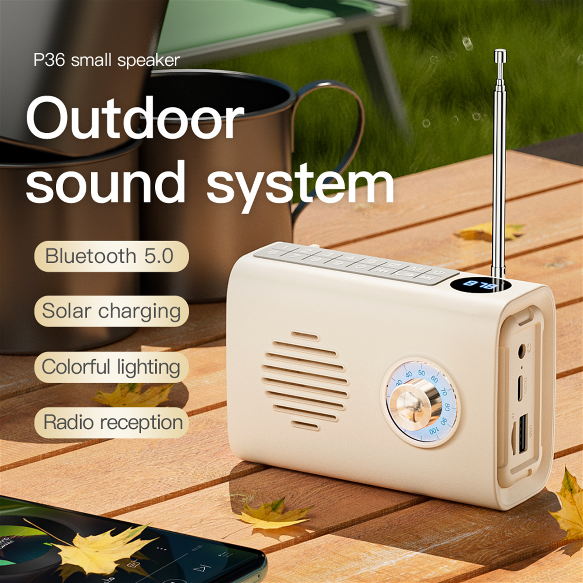 Beige Retro-Radio mit Antenne und Bedienfeld. Ein Telefon, das Musik abspielt, im Vordergrund.