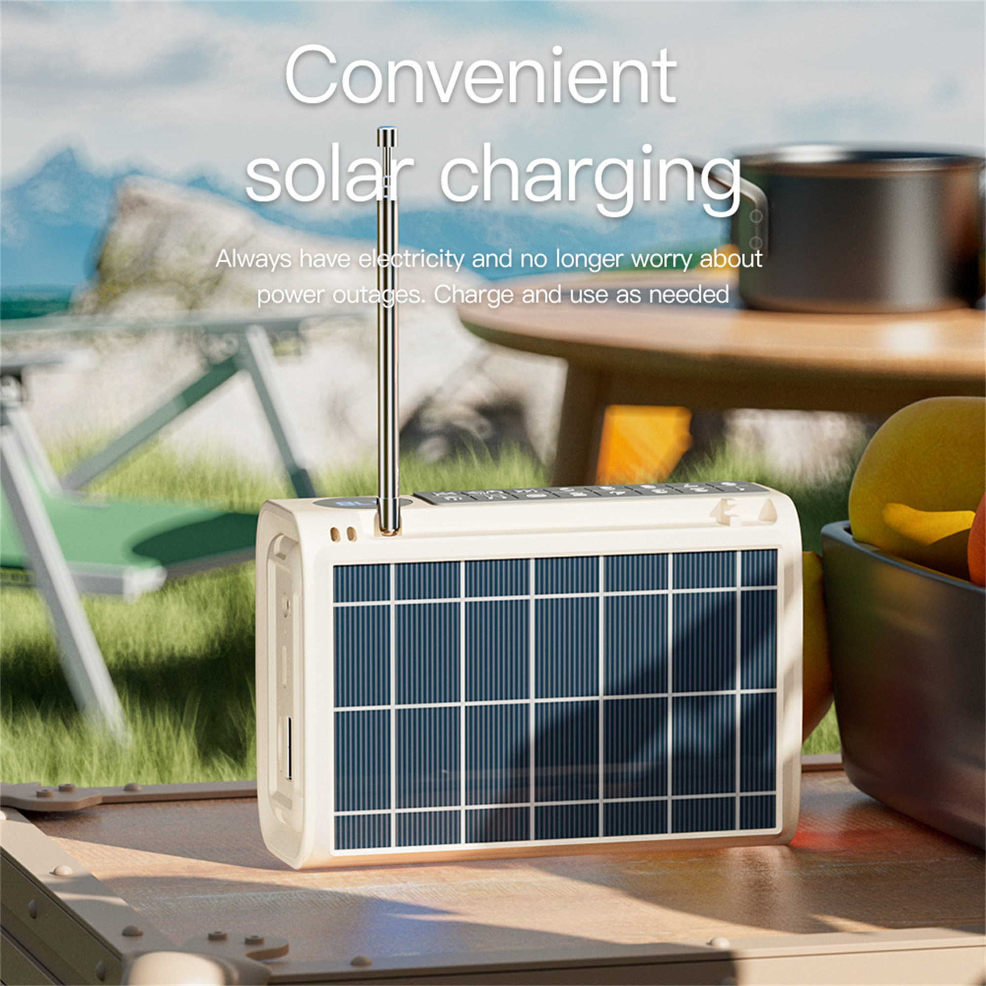 Cremefarbenes Solarradio mit Solarpanel, Antenne und Früchten.