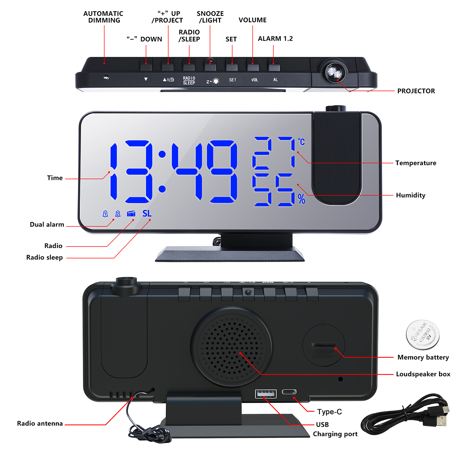Digitaluhr mit Zeit, Luftfeuchtigkeit, Temperatur und Alarm.