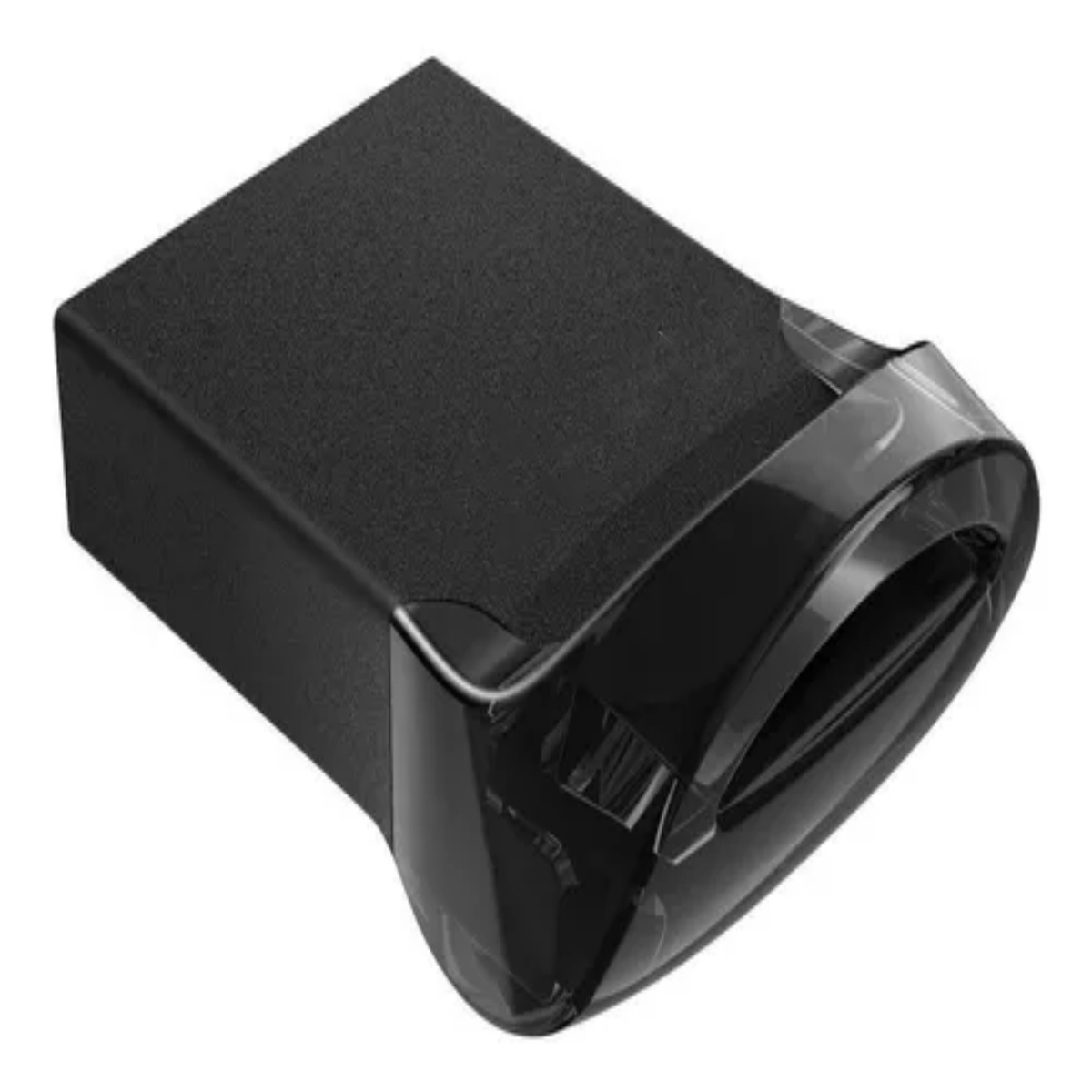 Schwarzer USB-Stick, rechteckige Form, mit einem klaren Kunststoffende.