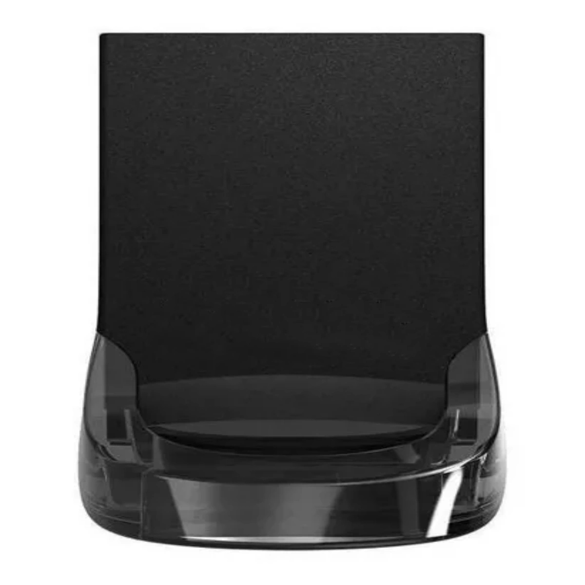 Eine schwarze Telefon-Ladestation mit rechteckiger Oberseite und transparentem Sockel.