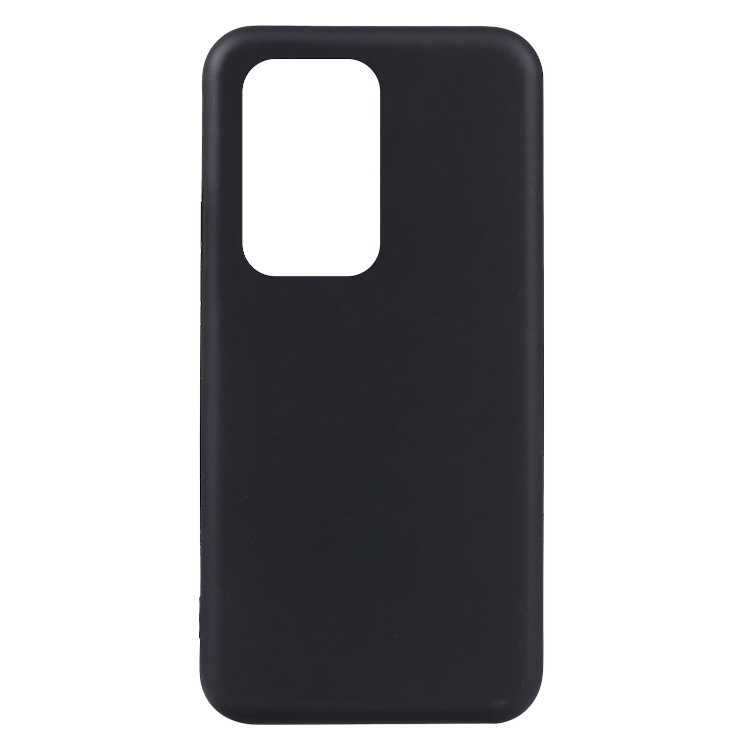 Eine schwarze Handyhülle mit Kameraausschnitt, glatter Oberfläche und rechteckiger Form.