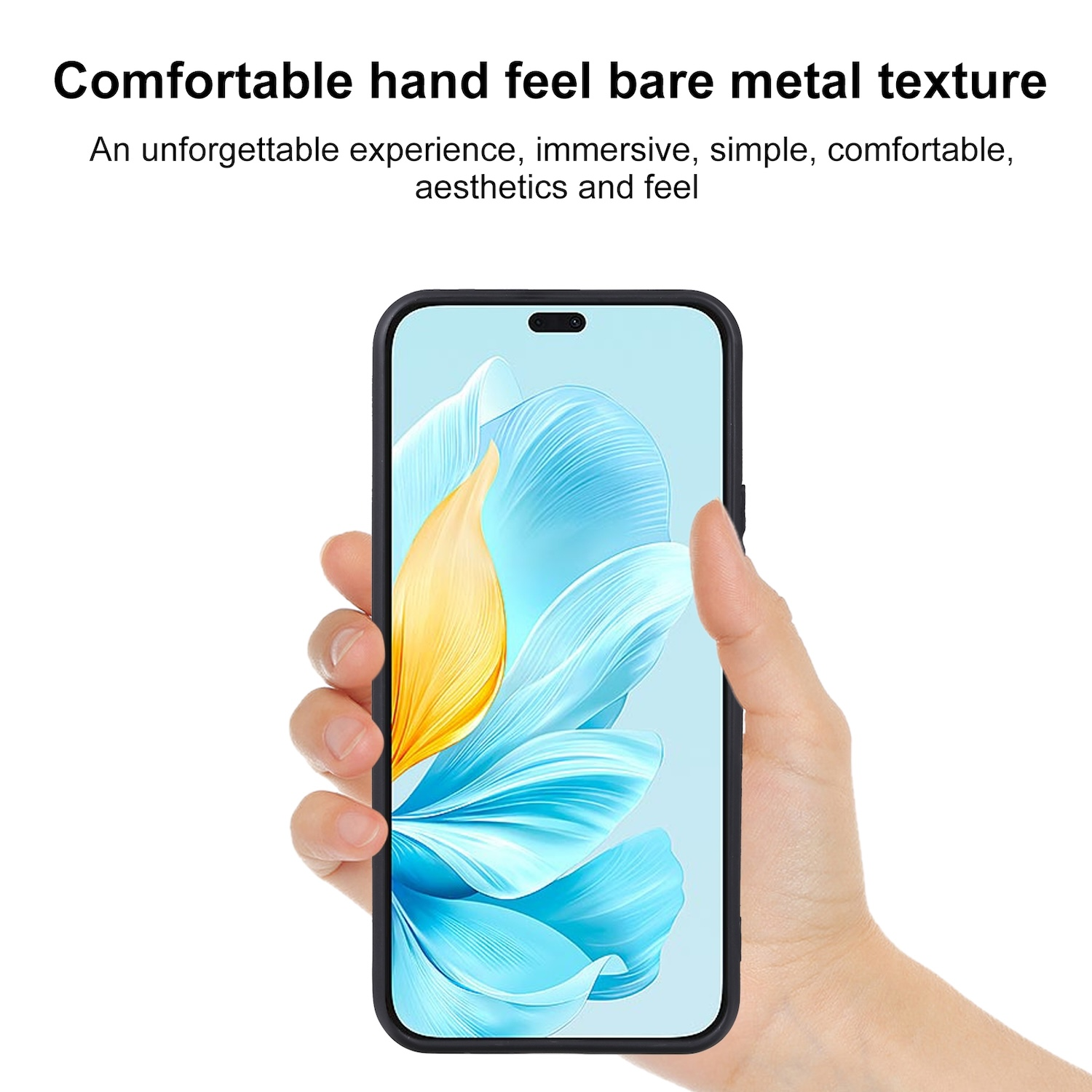 Hand, die ein Telefon mit floralem Hintergrund vor weißem Hintergrund hält.