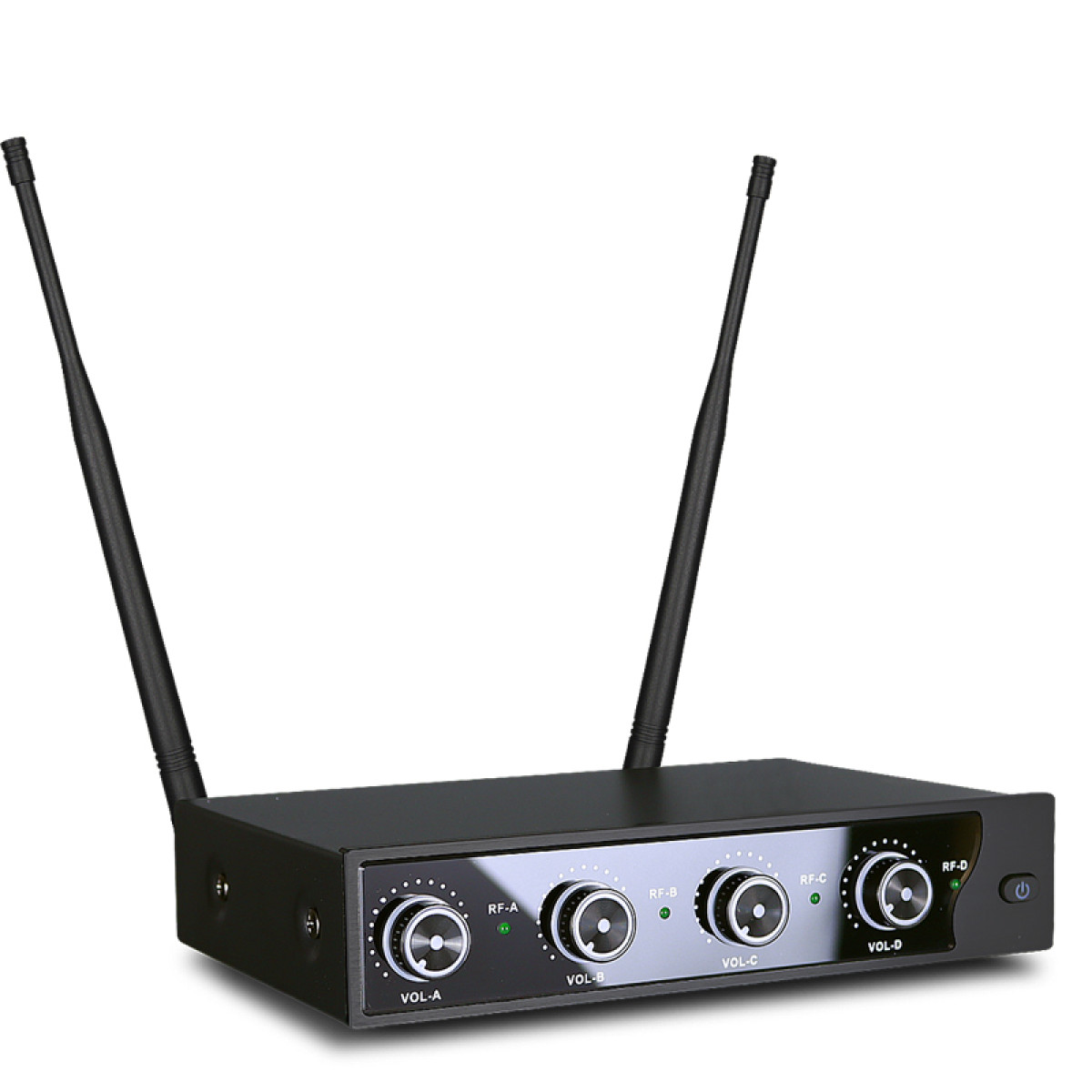 Zwart apparaat met antennes en draaiknoppen voor volumeregeling en RF-instellingen.