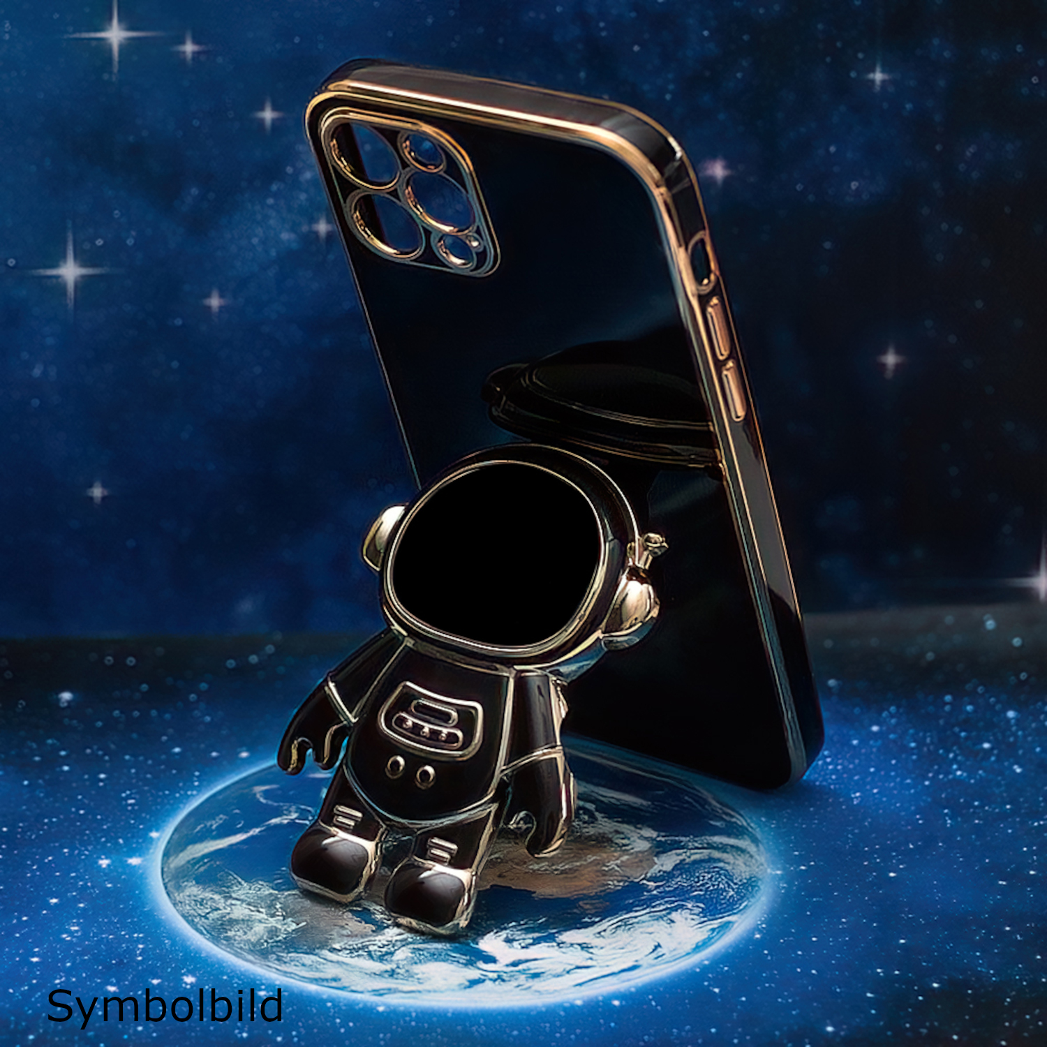 Astronautenfigur, die ein schwarzes Telefon vor einem Sternenhintergrund hält.