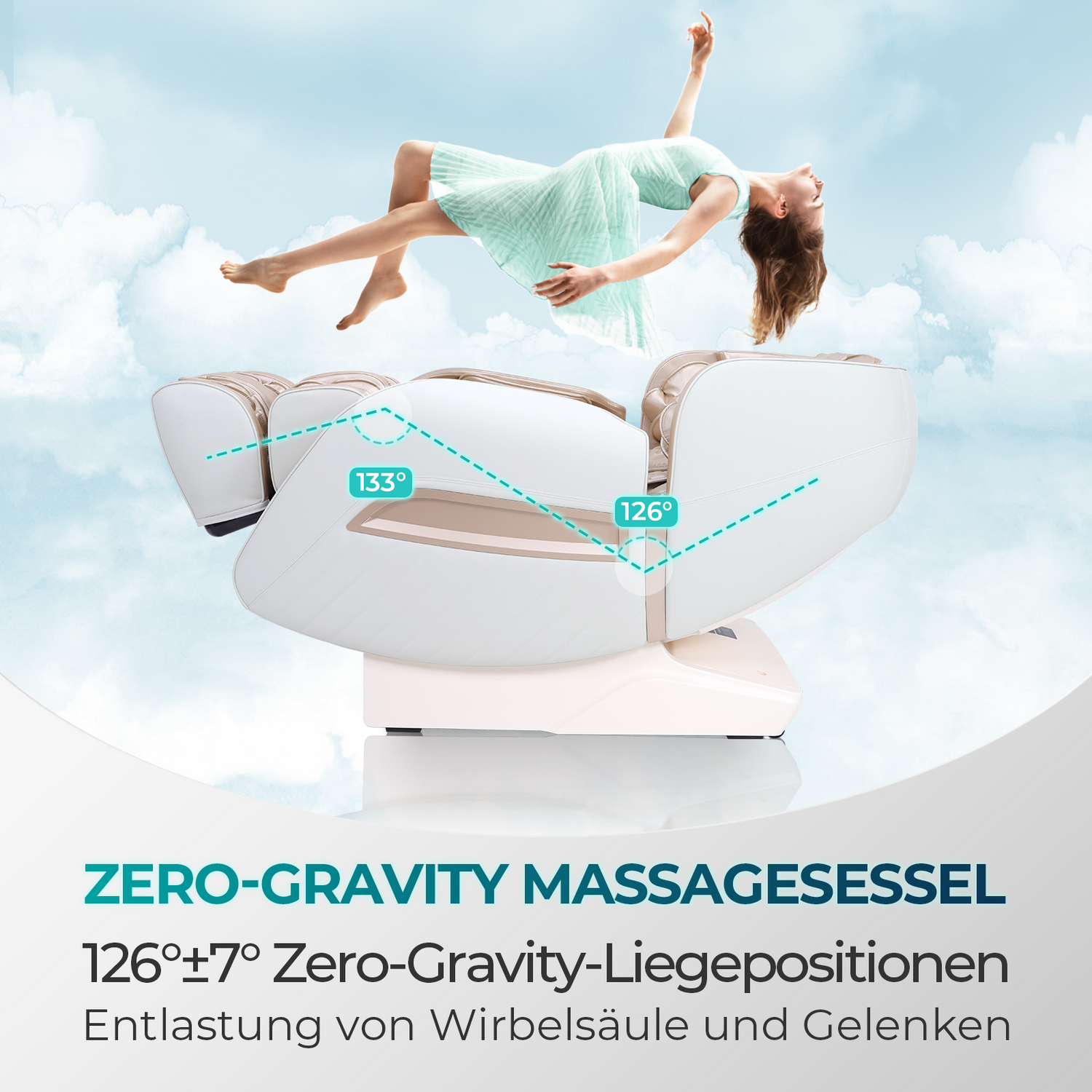 Massagesessel mit einer schwebenden Frau. Zeigt Zero-Gravity-Positionen und Winkel an.