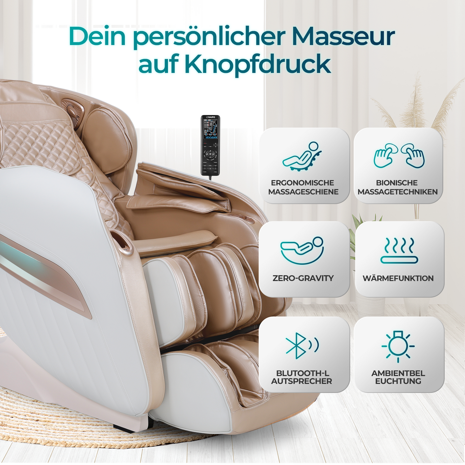 Ein Massagesessel mit Text und Symbolen zu seinen Funktionen und Vorteilen.