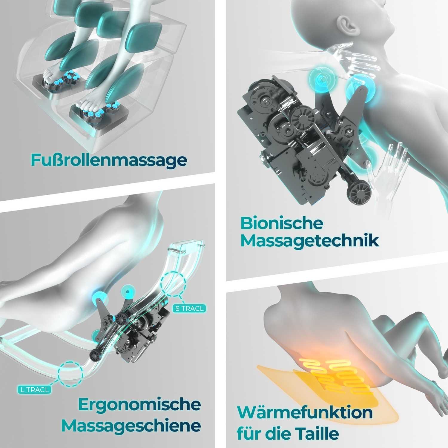 Diagramm, das Massagetechniken zeigt. Bilder zeigen Fuß-, Schulter-, Rücken- und Taillenmassagefunktionen.