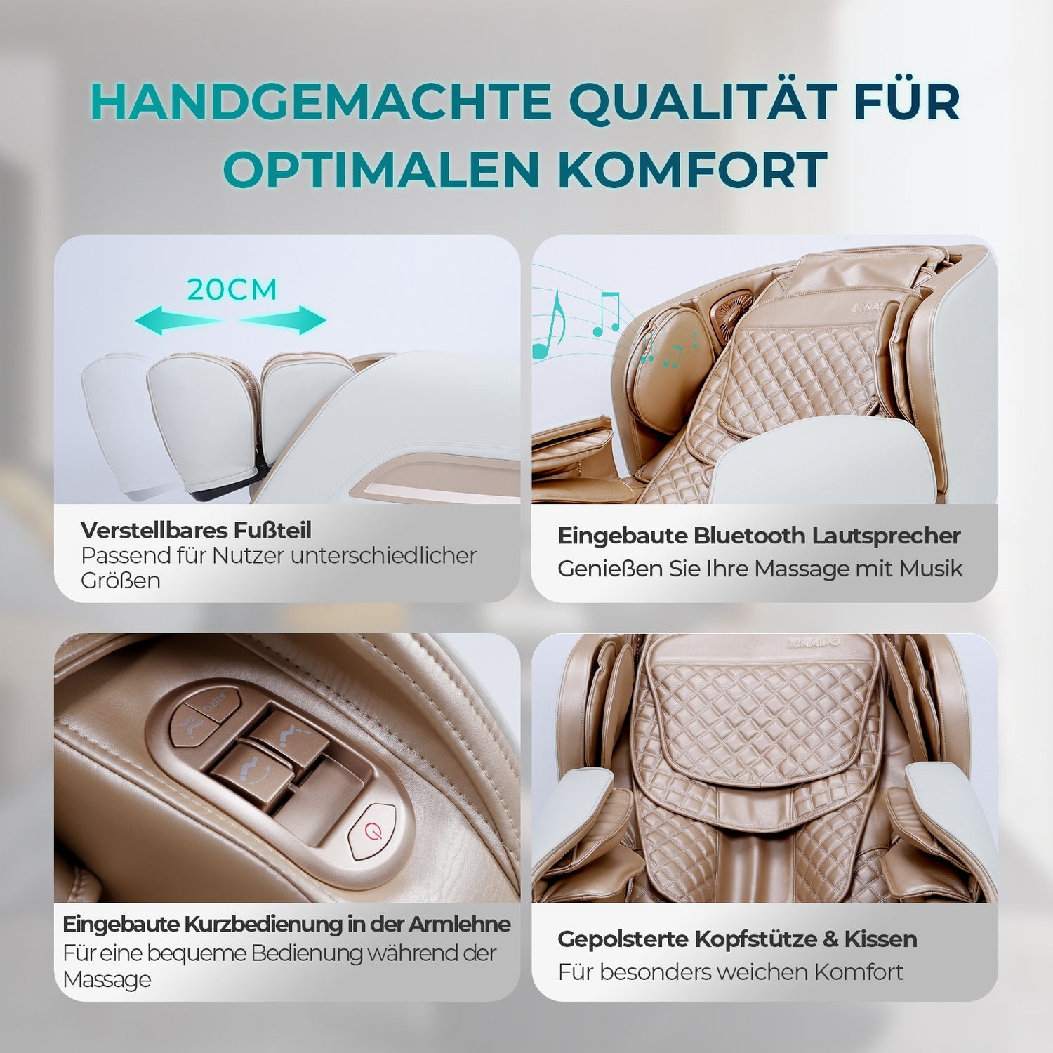 Bilder, die Merkmale eines Massagestuhls zeigen: Fußstütze, Bluetooth-Lautsprecher, Bedienelemente.