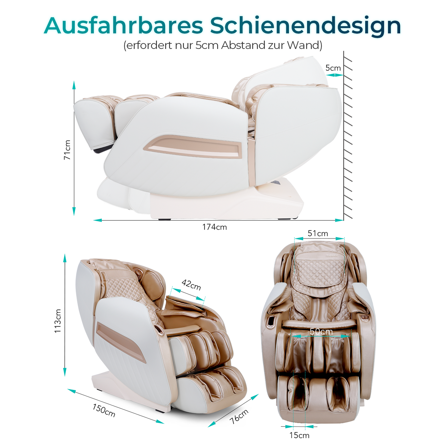 Diagramme eines Massagesessels mit Abmessungen in cm. Der Stuhl ist beige und weiß, mit beschrifteten Maßen.