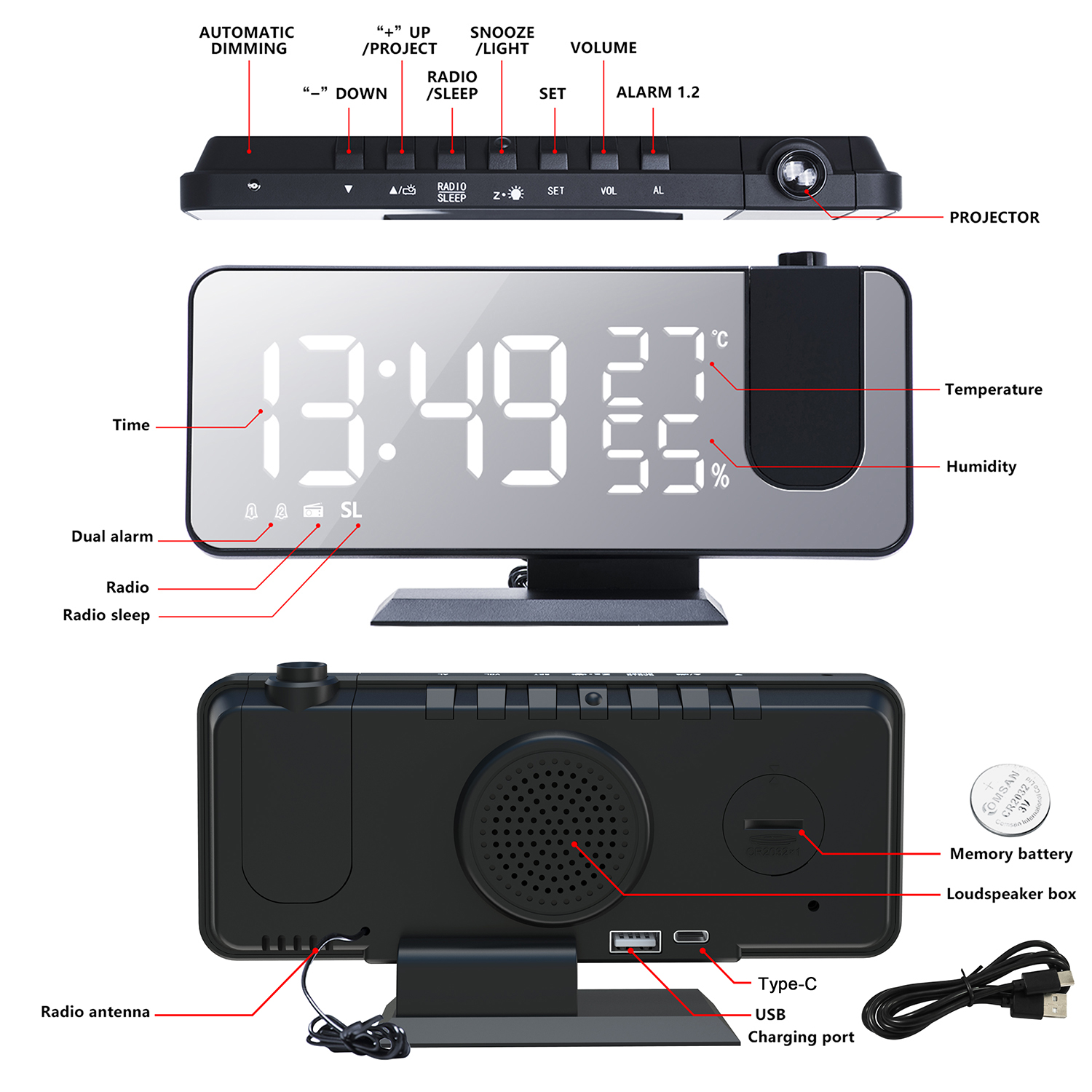 Schwarze Digitaluhr mit weißen Ziffern und verschiedenen Bedientasten.