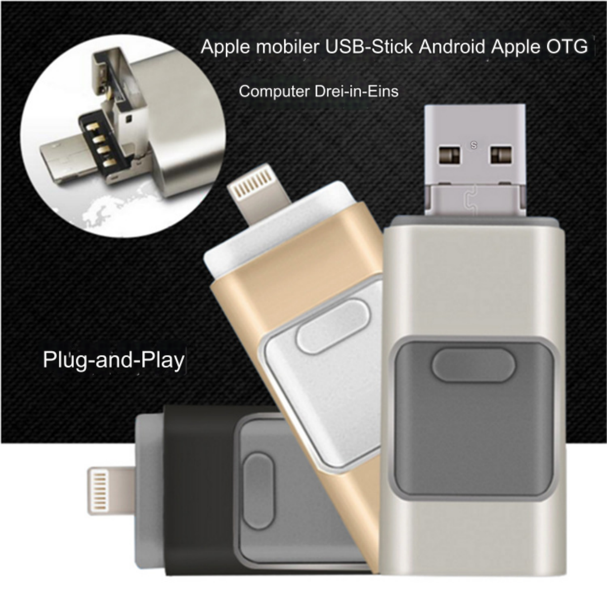 Drei USB-Sticks mit unterschiedlichen Designs. Einer ist goldfarben, die anderen silber und schwarz.