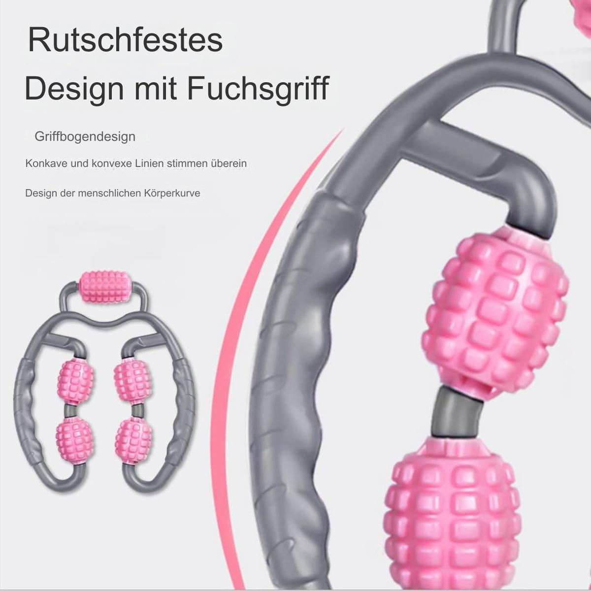 Trainingsgerät. Pinke Massagerollen, verbunden durch einen grauen Rahmen. Text auf Deutsch.