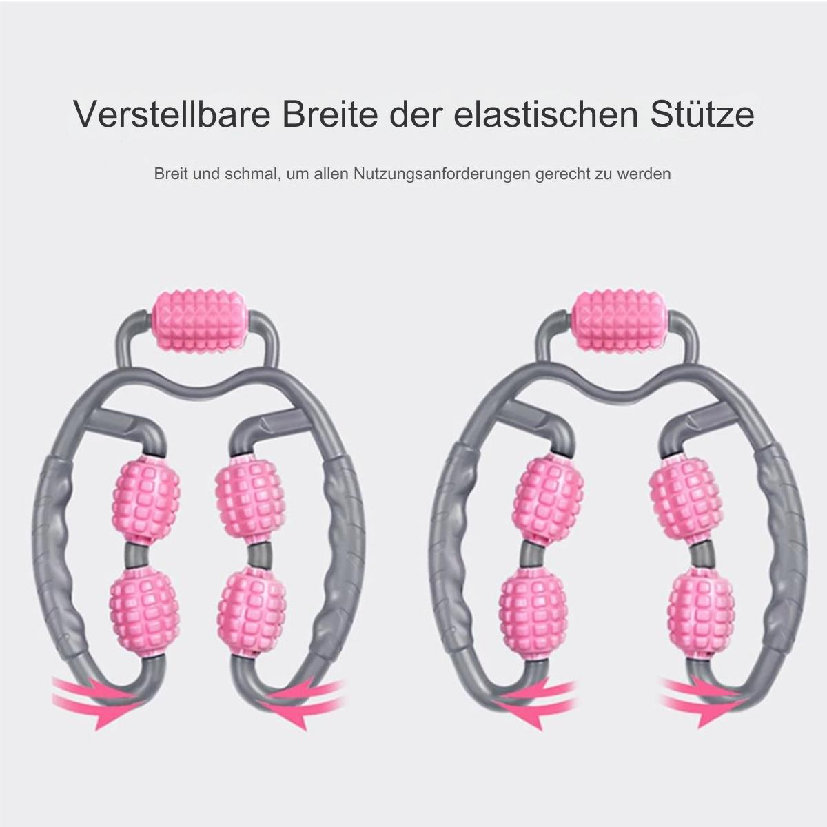 Zwei rosa Rollenmassagegeräte mit verstellbarer Breite und grauen Griffen auf weißem Grund.