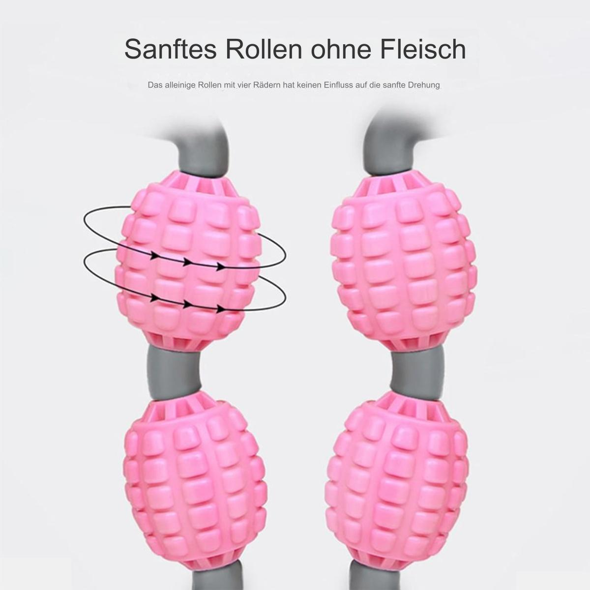 Zwei pinkfarbene Massagerollen mit strukturierter Oberfläche, verbunden mit einem grauen Griff.