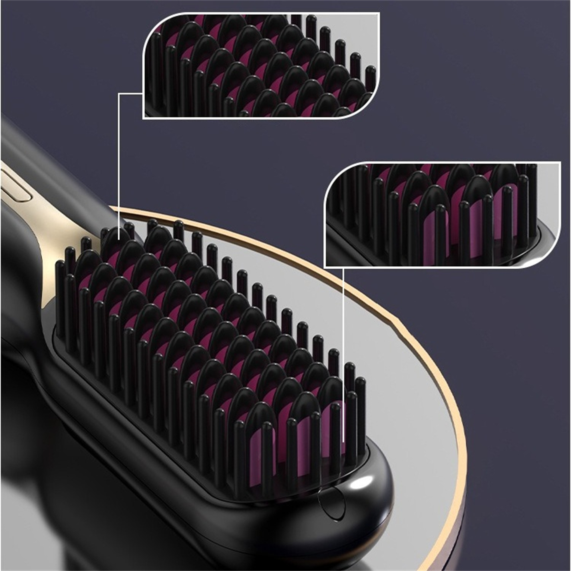 Nahaufnahme einer schwarzen Haarglätterbürste mit rot-violetten Borsten, goldenen Akzenten und zwei inset-Ansichten.