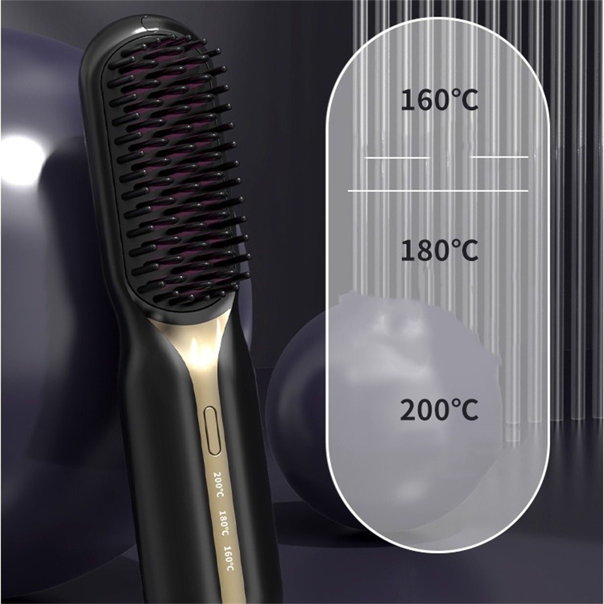 Schwarze Haarglättungsbürste mit Temperatureinstellungen, 160°C, 180°C und 200°C, auf einem Farbverlaufshintergrund.