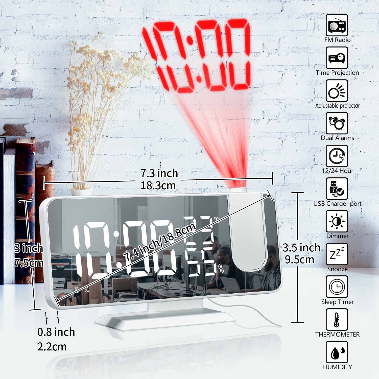 Digitaluhr mit roter Anzeige 10:00, mit Abmessungen und Funktionsbeschriftungen im Bild.