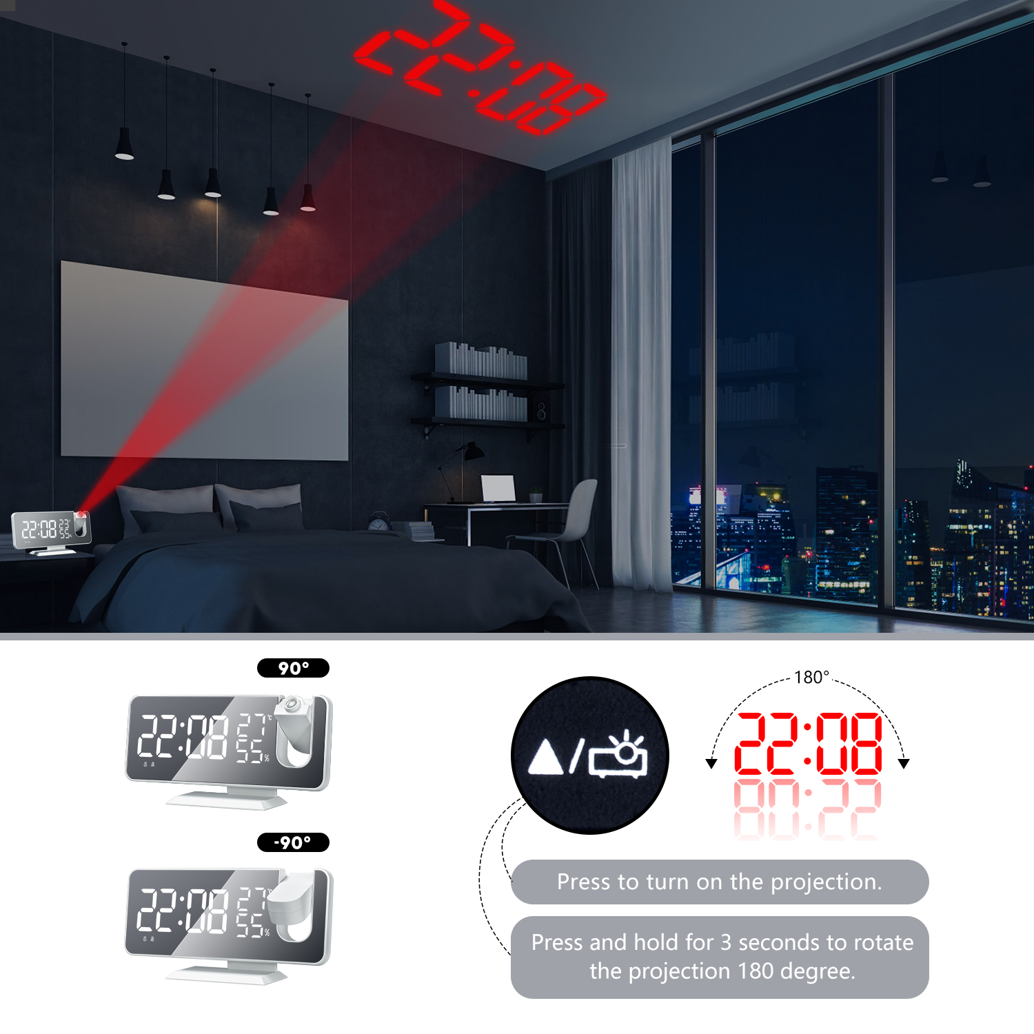 Digitaler Wecker projiziert rote Zeit an die Wand. Raum mit Bett, Schreibtisch und Fenster.