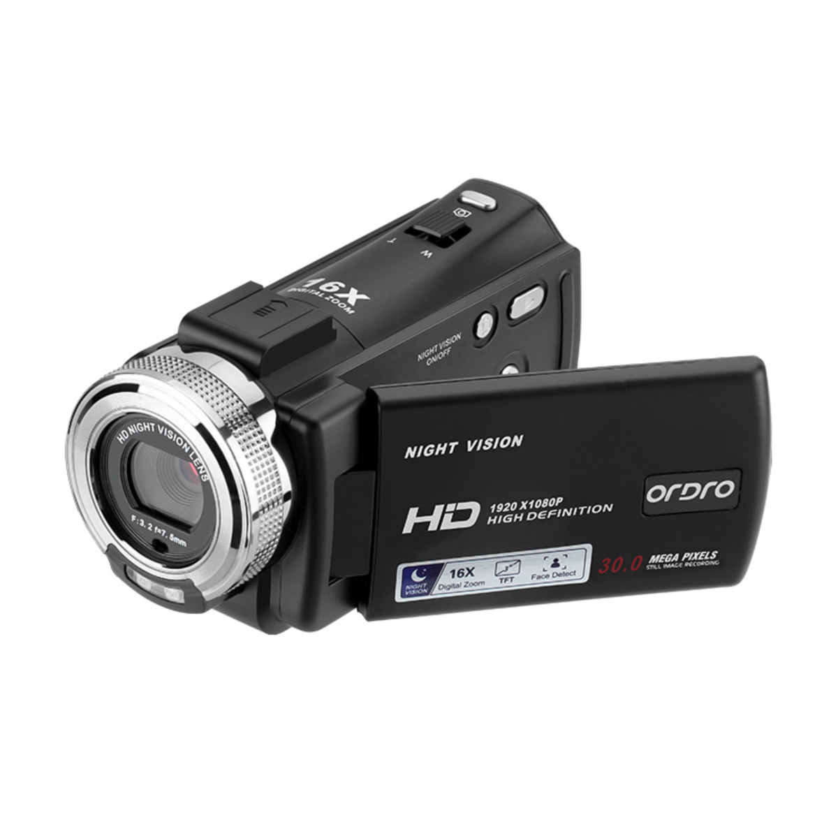 Schwarze Camcorder, Objektiv offen. Bildschirm zeigt Text an. Silberne Akzente.