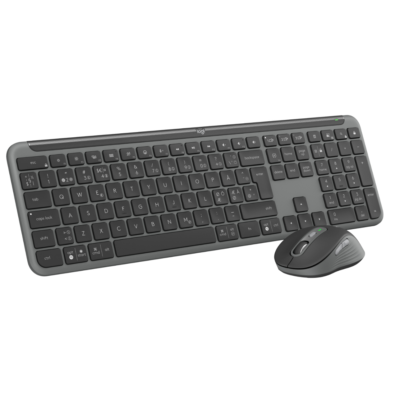 Graues Tastatur- und Maus-Set. Die Tastatur hat einen Ziffernblock und Funktionstasten. Die Maus ist grau.