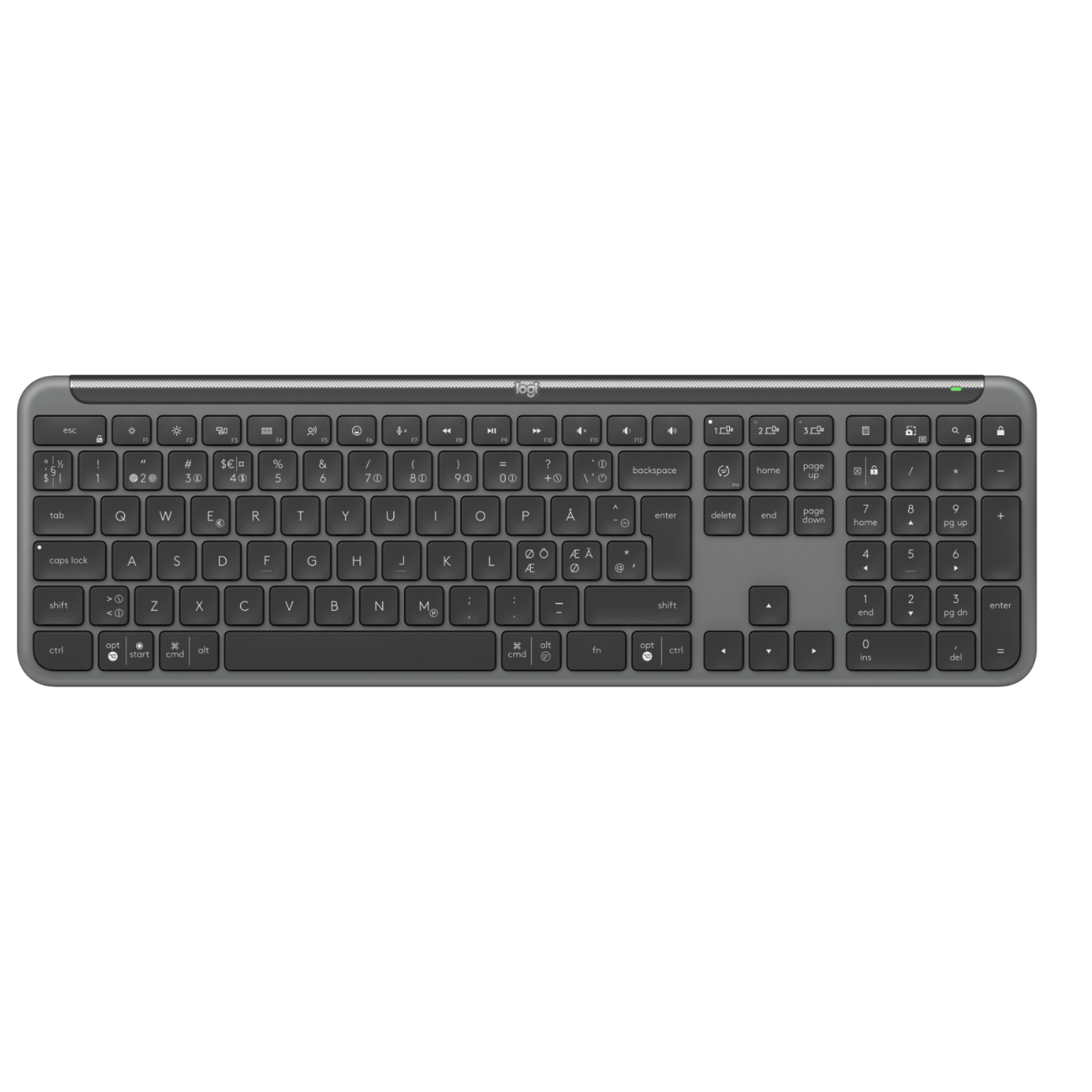 Graue Tastatur mit vielen Tasten. Graue Tasten, weiße Zeichen, auf weißem Hintergrund. Die Tastatur ist abgewinkelt.