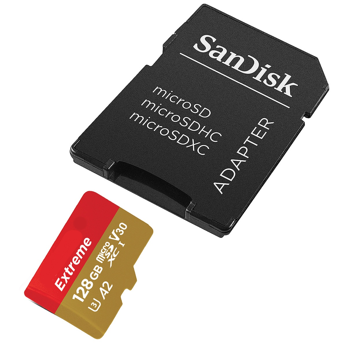 SanDisk SD-Kartenadapter mit einer rot-goldenen Micro-SD-Karte. Weißer Hintergrund.