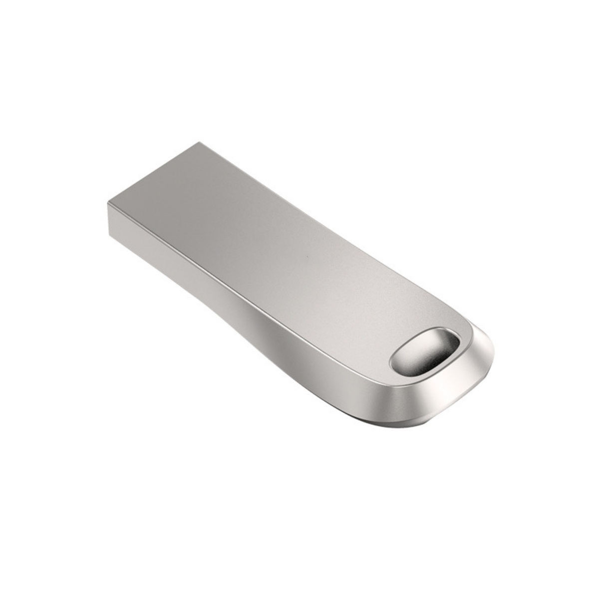 Ein silberner USB-Stick mit abgerundetem Ende auf weißem Hintergrund.