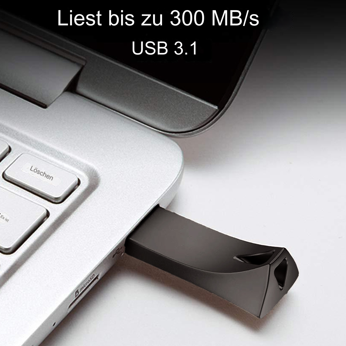 USB-Stick an Laptop angeschlossen, Text: Liest bis zu 300 MB/s.
