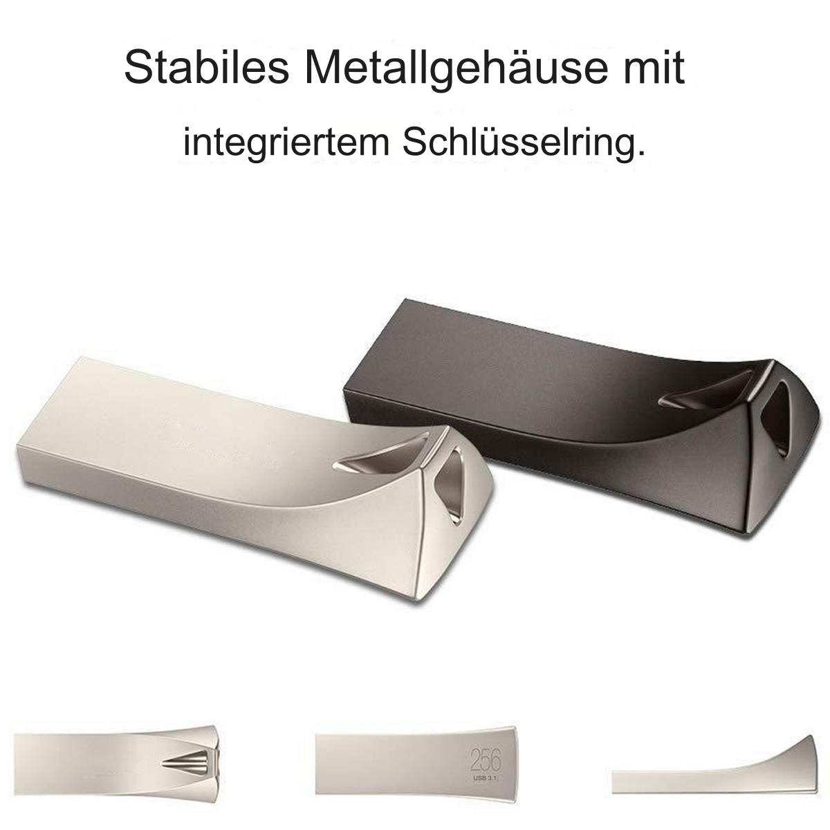 Zwei metallische USB-Laufwerke in gebogenem Design, eines silber, eines dunkelgrau.