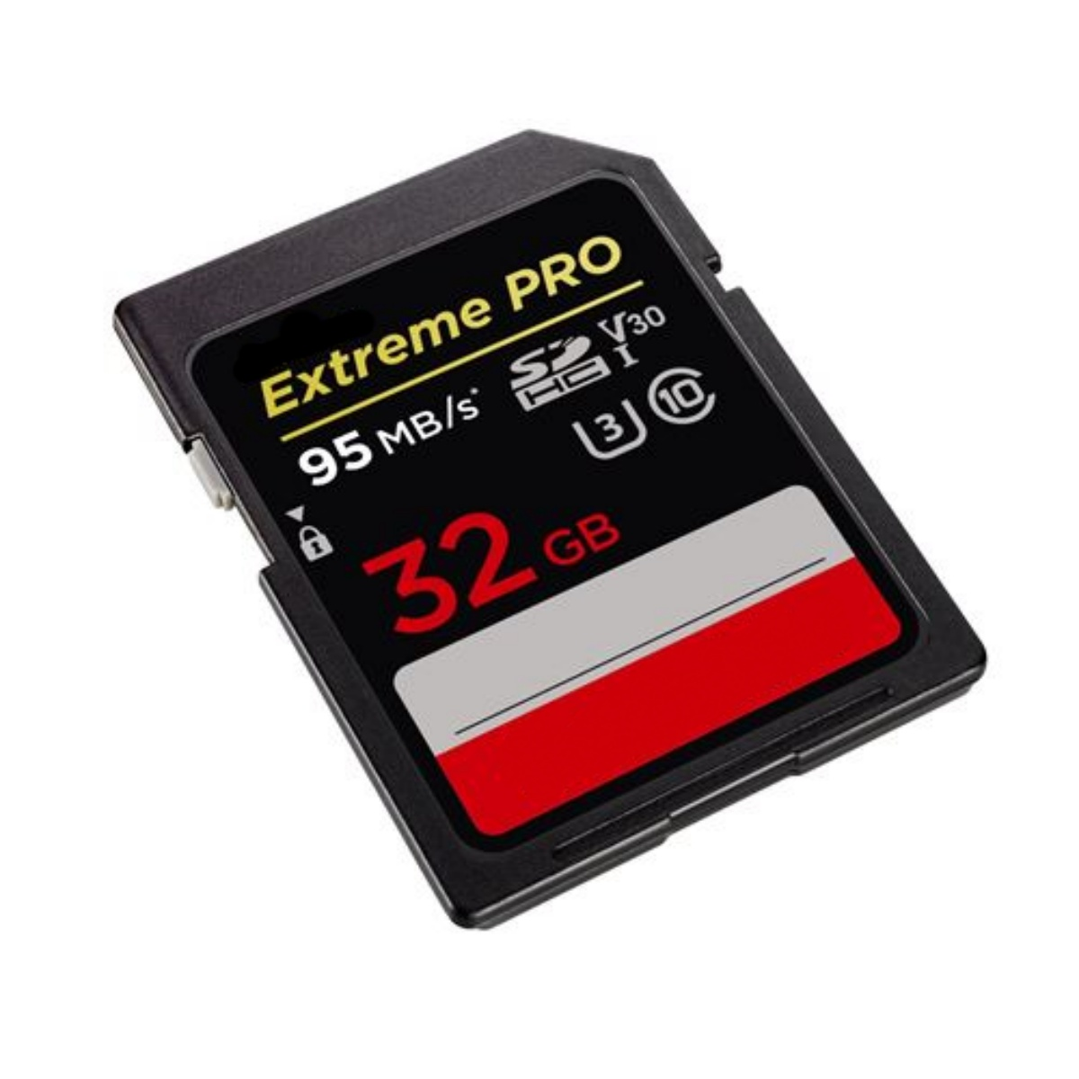 Schwarze und rote SD-Karte. Liest "Extreme Pro 95MB/s 32 GB". Weißer Hintergrund.