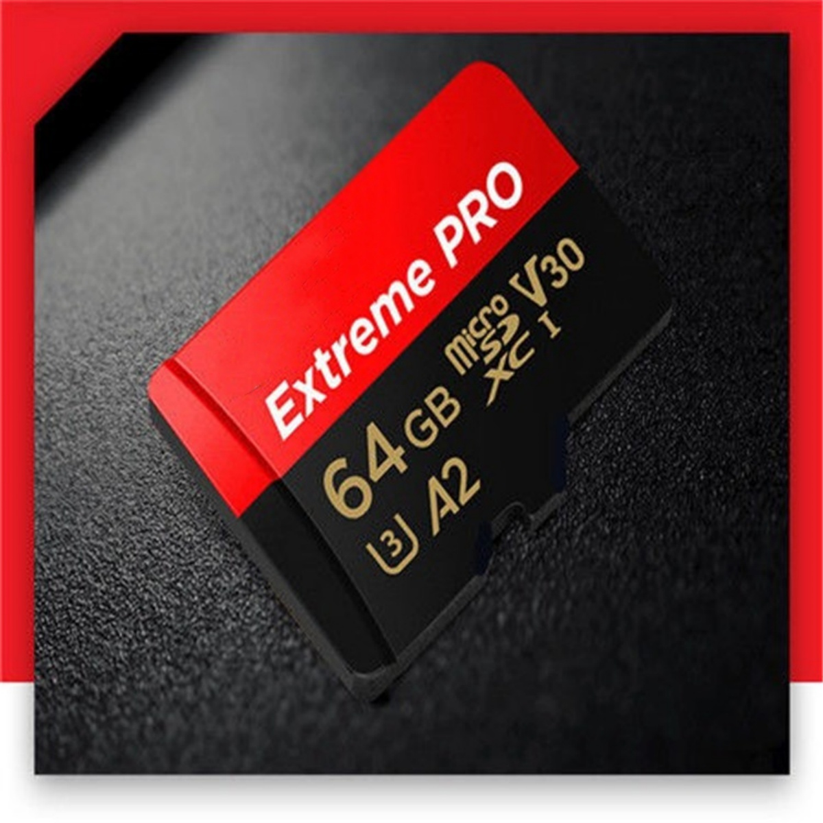 SD-Karte, rot/schwarz, Extreme Pro 64GB. Text darauf.