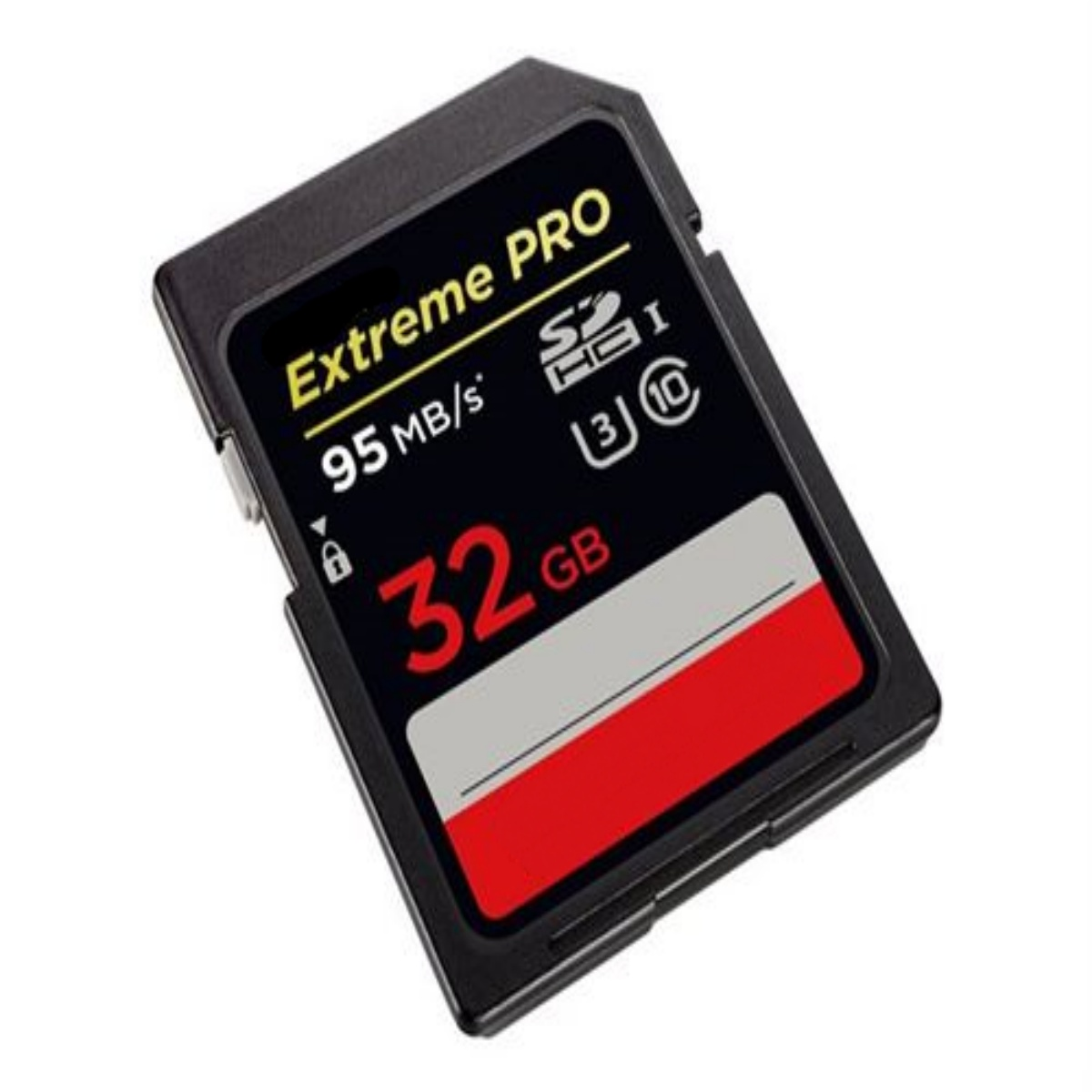 SD-Karte mit 'Extreme Pro'-Label, 32GB Kapazität und 95MB/s Geschwindigkeit. Schwarz/Rot.