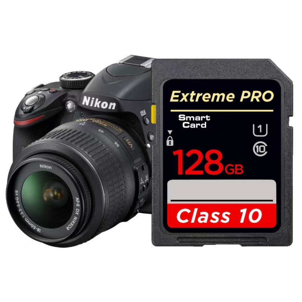 Eine DSLR-Kamera mit Objektiv und eine 128GB Extreme Pro SD-Karte daneben.