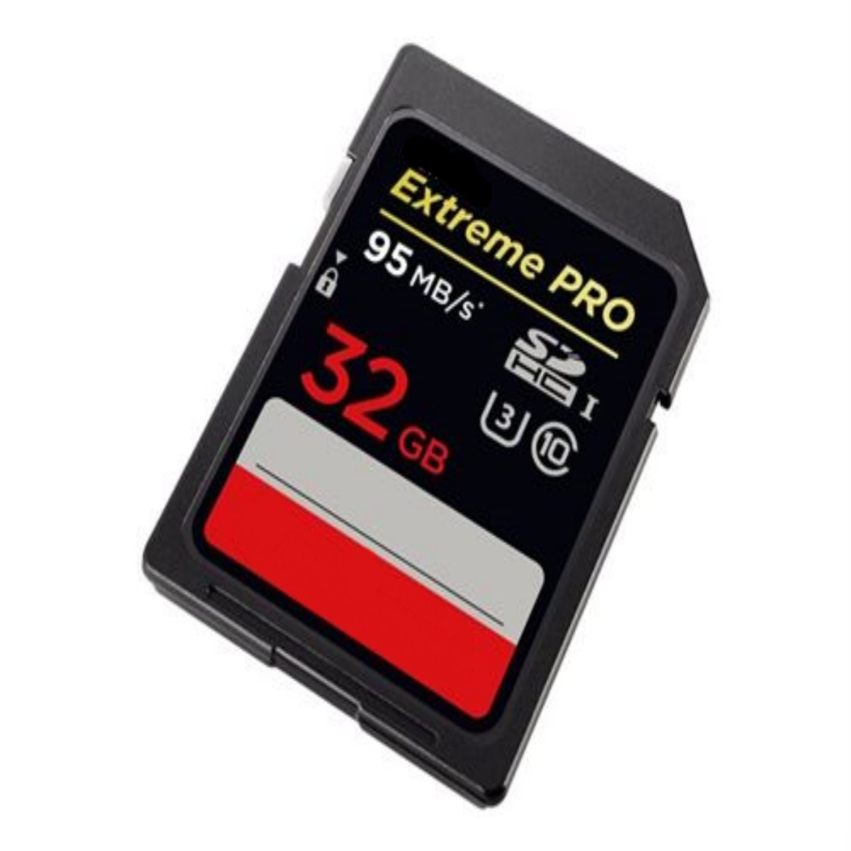Schwarze und rote SD-Karte mit 'Extreme PRO' und '32 GB' Aufdruck, auf weißem Hintergrund.